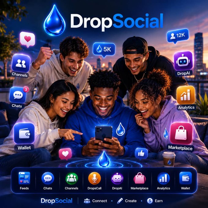 A promotional graphic for 'DropSocial' featuring a diverse group of five young people looking at a smartphone, surrounded by floating app icons like Channels, Chats, Wallet, DropAI, and Analytics.