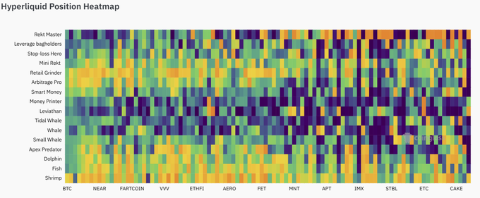 A 'Hyperliquid Position Heatmap' displays trading data across various cryptocurrencies including BTC, NEAR, FARTCOIN, VVV, ETHFI, AERO, FET, MNT, APT, IMX, STBL, ETC, and CAKE, with traders like Rekt Master, Stop-loss Hero, and Whale listed on the y-axis.