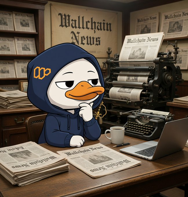 The image features a cartoon duck sitting at a desk with a laptop computer, surrounded by stacks of newspapers. The duck appears to be deep in thought or pondering something while looking at the screen. The scene suggests that the duck might be working on a project related to the Quack Head collection or simply browsing through the news articles for information and entertainment purposes.