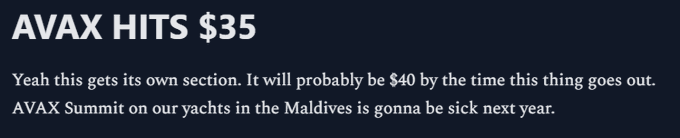 Text graphic reading 'AVAX HITS $35' with the subtext 'Yeah this gets its own section. It will probably be $40 by the time this thing goes out. AVAX Summit on our yachts in the Maldives is gonna be sick next year.'