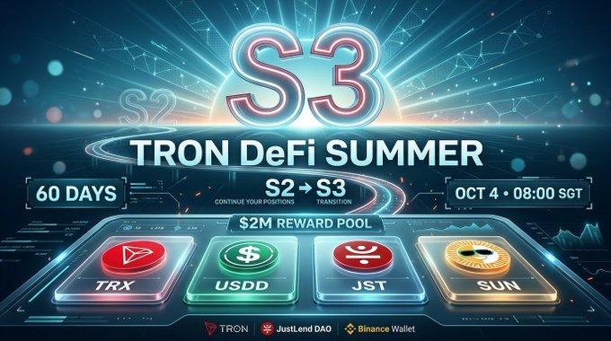 A promotional graphic for 'TRON DeFi SUMMER' featuring an S3 transition, a $2M reward pool, and tokens (TRX, USDD, JST, SUN), with a 60-day event starting Oct 4 at 08:00 SGT, supported by JustLend DAO and Binance Wallet.
