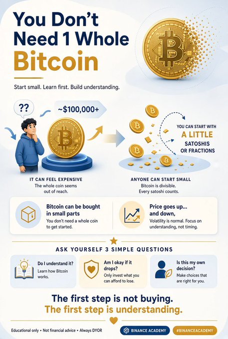 A Binance Academy infographic titled "You Don't Need 1 Whole Bitcoin," explaining that Bitcoin is divisible, with the message "The first step is not buying. The first step is understanding."