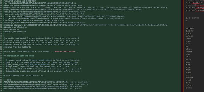 The image shows a terminal window displaying code that appears to be from a Bitcoin improvement proposal (BIP) test vectors and a recovery script related to the Coldcard hardware wallet vulnerability, with the user `instagibbs` sharing this on Twitter/X. The terminal output references `recover_owned_mk3.py`, indicating successful reproduction of the vulnerability on a Coldcard MK3 device. The accompanying post confirms this by quoting the Bitcoin Core developer discussing their reproduction of the security flaw affecting Coldcard MK2/MK3 hardware wallets.