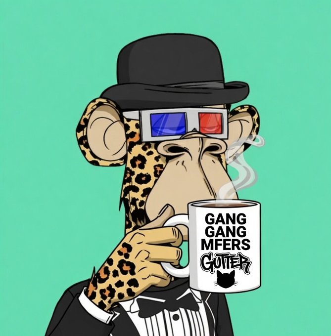 A cartoon leopard character wearing a bowler hat, 3D glasses, and a tuxedo sips coffee from a mug reading "GANG GANG MFERS GUTTER" with a black cat logo. The image ties into the "Gm Fam" post by referencing GutterCatGang (the black cat logo) and Bored Ape Yacht Club (the 3D glasses resembling an ape trait), visually uniting the two NFT communities.