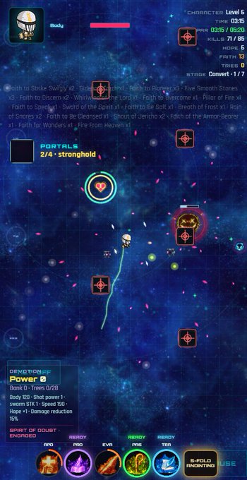 A screenshot of a vertical scrolling space shooter game titled "Convert - 1 / 7," showing a spaceship, enemy targets, and character stats like "Level 6" and "Demon Eye Power 2."
