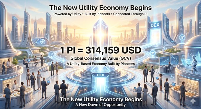 The image shows an illustration of a futuristic cityscape filled with people dressed in business attire walking around and interacting with each other. The city appears to be made up of buildings, roads, and various technological elements that suggest advanced technology and innovation. In the background, there is text that reads "THE NEW UTILITY ECONOMY BEGINS Not born from speculation. Not created by exchanges. Not built by millions of KYC pioneers, powered by utility, coordinated through Pi, and entering a new era with the DEX." This image seems to be promoting the idea of a new economy based on utility rather than speculation or traditional economic models.