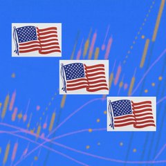 Three American flags are displayed on a blue background overlaid with colorful stock market candlestick and line chart graphics, symbolizing the intersection of U.S. politics and financial markets. The image visually accompanies news of Fairshake's $30 million political spending campaign targeting former Senator Sherrod Brown in the wake of the Clarity Act's failure.