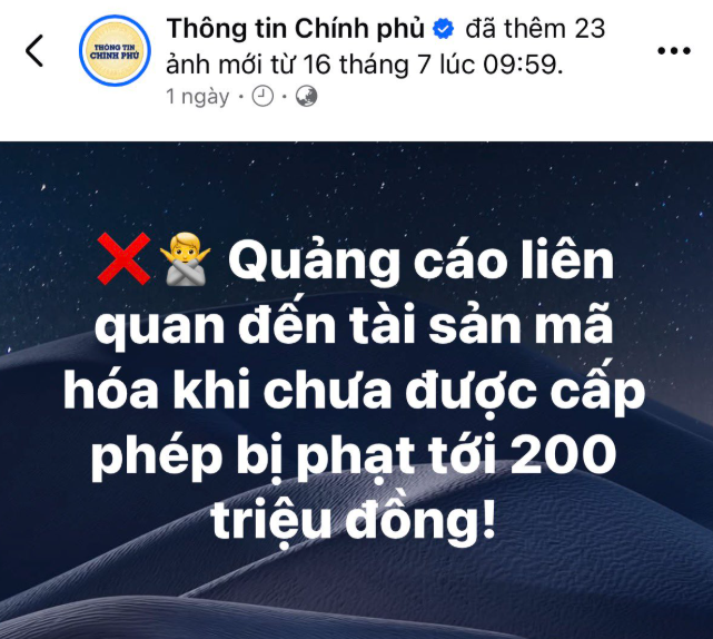 Vietnamese government information post (Thông tin Chính phủ) warning that advertisements related to unlicensed crypto assets can be fined up to 200 million VND.