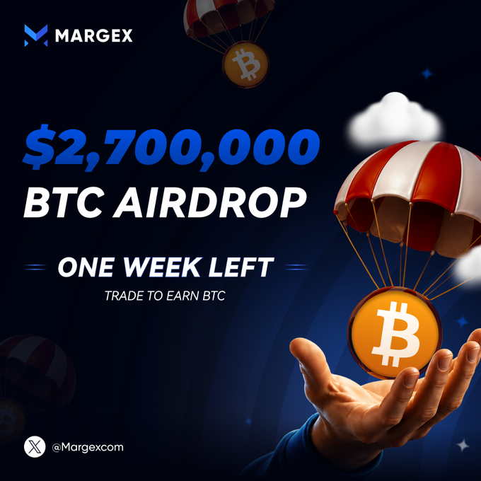 A Margex cryptocurrency promotional graphic announcing a '$2,700,000 BTC Airdrop' with 'One Week Left,' featuring parachuting Bitcoin coins and a hand catching one, tagged @Margexcom.