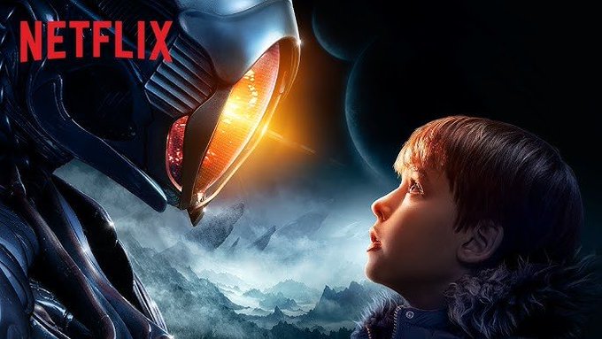 The Netflix "Lost in Space" promotional image shows a young boy with brown hair gazing up at a large, menacing robot with glowing orange eyes, set against a dark, mountainous alien landscape. The sci-fi imagery cleverly ties to the post's playful theme of binge-watching, with the "Planet" wordplay connecting Netflix's space series to the MetaPlanet/BTC investment joke.