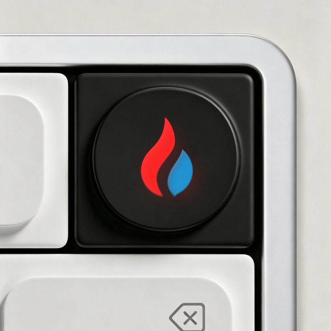 A close-up of a sleek mechanical keyboard keycap featuring a stylized red and blue flame logo, resembling the Vulcan Salute.