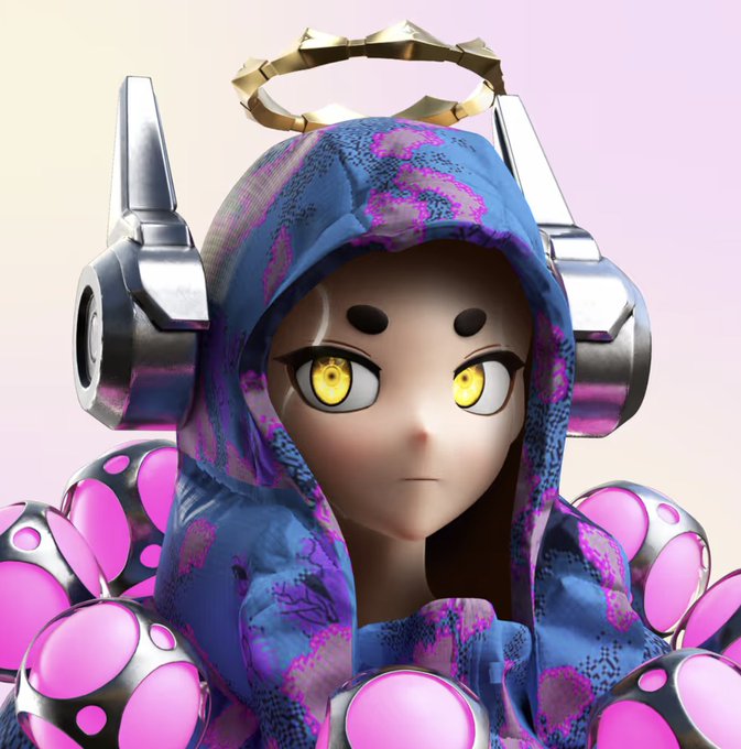 The image features a character wearing a blue hooded jacket and headphones that are silver and pink. The character has yellow eyes and appears to be looking down at something or someone, possibly a camera. The background of the image is white with some purple elements in the foreground. There is also text present in the image which reads "Sunday Drip A while ago I made a post about 2T Clones as a reference to BAYC".