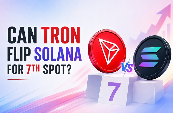 A graphic reading 'CAN TRON FLIP SOLANA FOR 7TH SPOT?' with the red TRON and black/purple Solana coin logos on a '7' podium.