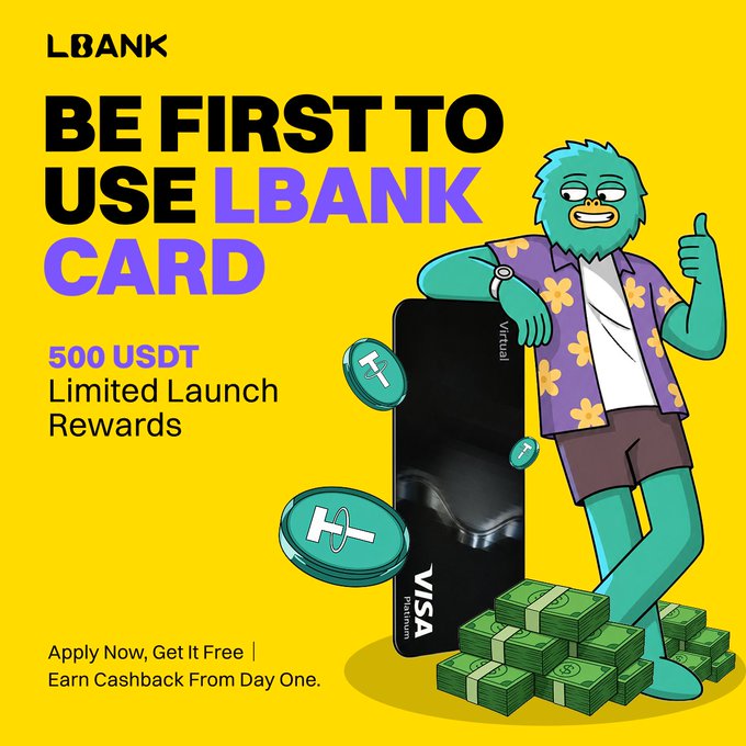The image features a cartoon character, likely a green monster or a giant blue bird, standing next to stacks of money. The text above the character reads "Be First to Use the #LBankCard Apply now for FREE and start earning cashback from Day One. 500 USDT Limited Launch Rewards Up for Grabs! How to Join: Quote this post and tag 3 friends with ... Reserve your LBank Card: lbank.com/event-new/1000". The character is holding a black wallet, which has the words "Visa" written on it.