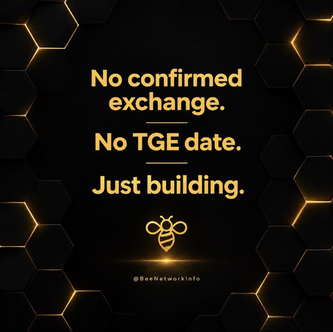 A sleek black and gold honeycomb-themed graphic featuring a bee logo and the text "No confirmed exchange. No TGE date. Just building." with the handle @BeeNetworkInfo, reinforcing the post's message that despite listing rumors circulating in Telegram groups, no official exchange or TGE date has been announced and Phase 3 milestones remain pending.