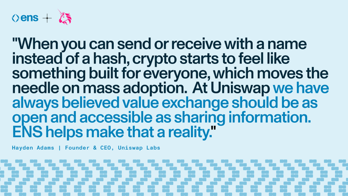 Promotional graphic featuring a quote from Hayden Adams, Founder & CEO of Uniswap Labs, about ENS making crypto more accessible and user-friendly.