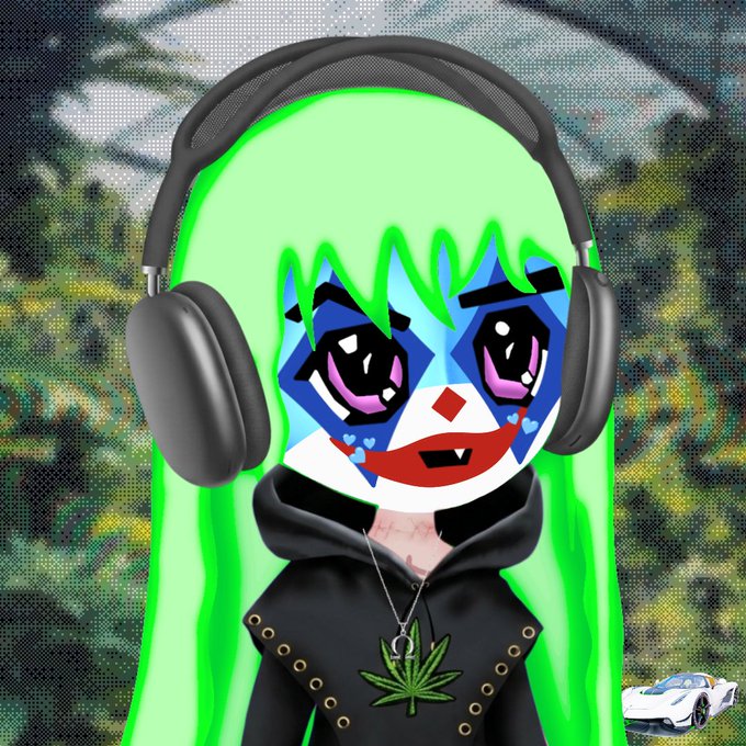 A cartoonish avatar with neon green hair, large expressive eyes, headphones, and a cannabis leaf necklace, with a white sports car displayed in the corner.