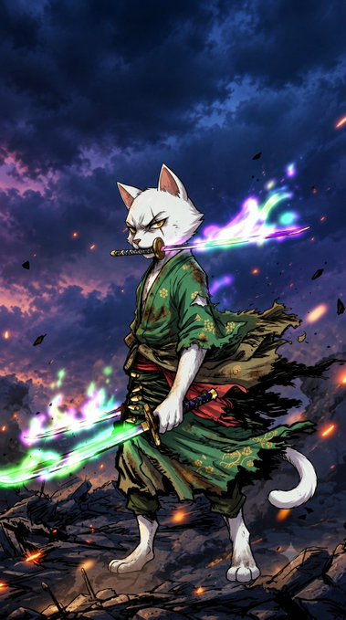 An anime-style illustration of an anthropomorphic white cat samurai wearing green robes, holding a glowing sword in one hand and a katana in its mouth, set against a dramatic sky with embers.