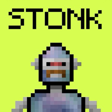 A pixel-art character with a gray robotic face and a red mouth appears below the stylized word 'STOMK' on a bright green background.