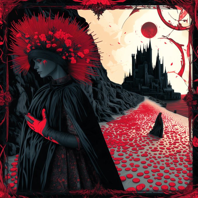 A dark, stylized digital illustration features a pale figure in a black cloak with a large red floral headdress, standing on a path of red dots leading toward a gothic castle under a red moon.