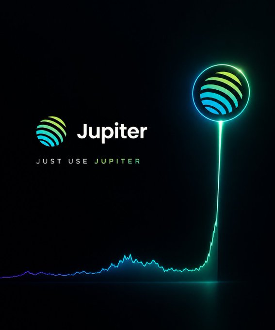 Dark promotional graphic for Jupiter with the tagline 'JUST USE JUPITER,' featuring a glowing logo connected to a dramatic upward green and blue line chart.