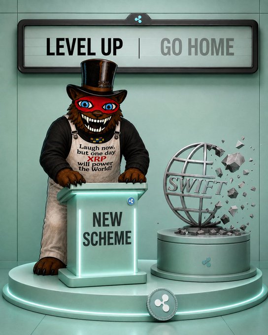 The image depicts a mischievous figure wearing a red XRP mask and top hat standing behind a "NEW SCHEME" podium labeled "Laugh now, but one day XRP will power the World!"—beneath a banner offering a "LEVEL UP | GO HOME" choice—next to a broken SWIFT globe shattering into pieces, visually mocking SWIFT's new faster payments initiative as a defensive concession against Ripple's decade-long critique of correspondent banking.