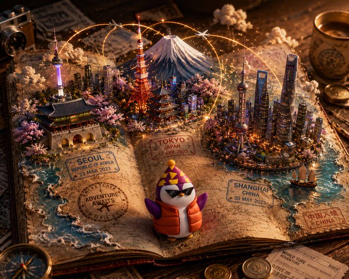 The image features a penguin figurine sitting inside of an open book, surrounded by various cityscapes from around the world. The penguin appears to be wearing sunglasses and holding a passport, suggesting that it might be a travel-themed scene or a creative representation of the idea of exploring different cultures through literature.

The post about Pudgy Penguins is related to this image because it highlights how the character has become a cultural phenomenon due to its unique combination of elements - the penguin figurine and the open book with cityscapes from around the world. The post likely aims to encourage people to explore different cultures through literature, travel, or other forms of art by using Pudgy Penguins as an example.