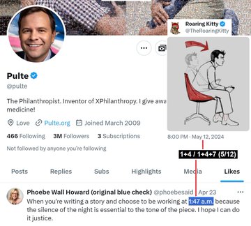 A screenshot of a Twitter/X profile for "Pulte" (@pulte) showing 466 Following, 3M Followers, joined March 2009, with a "Likes" tab highlighting a liked post by "Phoebe Wall Howard" @phoebeawd dated April 23, featuring a poem about silence and justice, alongside an illustration of a man in a red chair from "Roaring Kitty" (@TheRoaringKitty) posted at 8:00 PM May 12, 2024.