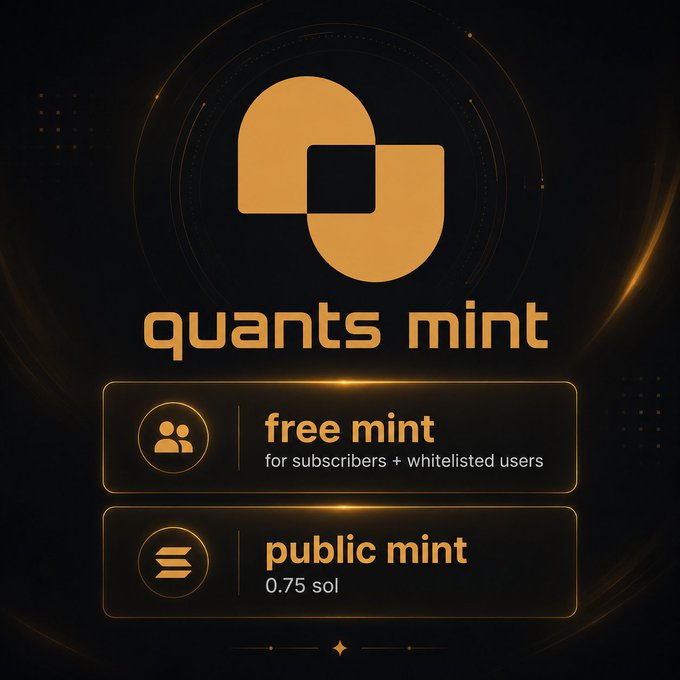 A sleek black-and-gold promotional graphic for "Quants Mint" displays a stylized "Q" logo above two mint tiers: a **Free Mint** for subscribers and whitelisted users, and a **Public Mint** priced at **0.75 SOL**. The image visually reinforces the post's explanation of the two-tier structure, emphasizing its accessibility and reward system for early Quant AI ecosystem supporters.