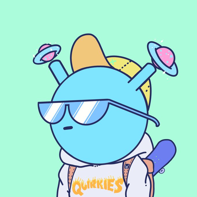 A cartoon illustration of a blue alien-like character wearing reflective sunglasses, a yellow beanie, and a hoodie labeled 'QUIRKIES', with floating UFO-like elements on its antennae against a light green background.