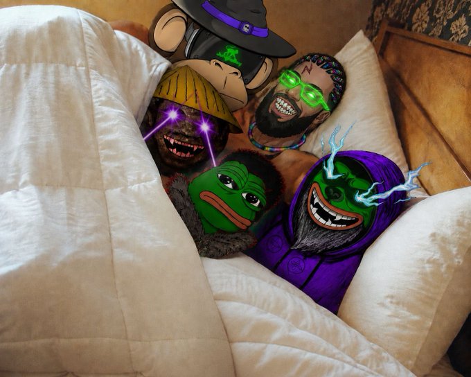 A group of cartoonish meme characters, including a witch-hat monkey, a grinning face with green glasses, a purple-hooded figure with lightning bolts, and a Pepe-style figure, are tucked into bed together, with the caption "GN GN @BearXRPL IS KING" suggesting a playful goodnight tribute to the crypto influencer BearXRPL.