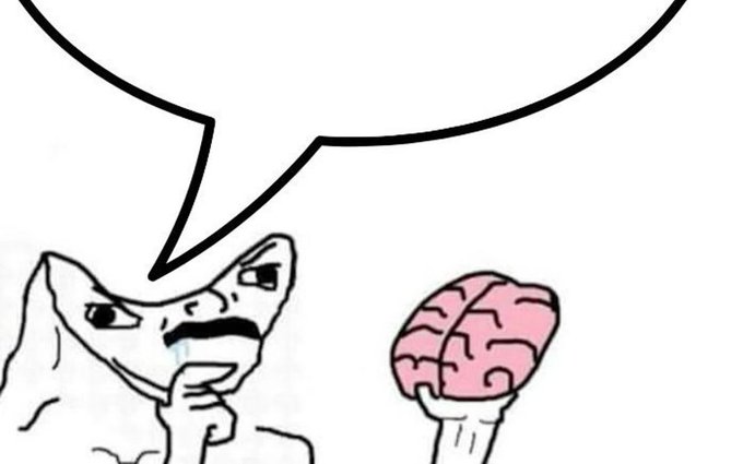 A black-and-white cartoon of a thoughtful, mustachioed character holding a pink brain with a blank speech bubble above.