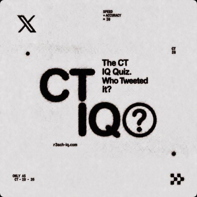 A black and white graphic design featuring the text 'CT IQ Quiz. Who Tweeted it?' along with 'SPEED + ACCURACY = IQ' and the URL 'r3ach-iq.com'.