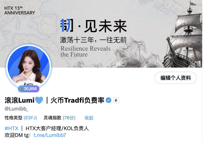The image is an HTX (Huobi) 13th Anniversary profile banner featuring user "滚滚Lumi💙 | 火币TradFi负费率" (@Lumibb_) with HTX VIP6 status and 30,856 followers, displaying an ESFJ personality type. The post explains that the user participated in HTX's "Fire Coin Sister" event during the 12th anniversary and is now officially part of HTX for the 13th anniversary.