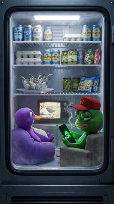 The image features a refrigerator with two cartoon characters inside - one purple and one green. The purple character is sitting on top of a chair, while the green character is sitting on the floor. Both characters are looking at their cell phones, which have a picture of a dinosaur on them. The refrigerator door also contains various food items such as eggs, chips, and soda cans.