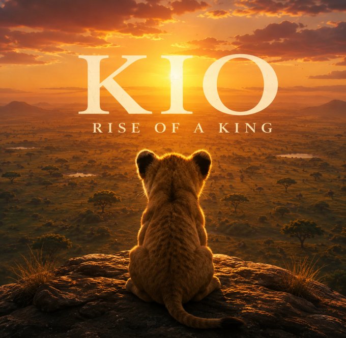 A movie poster titled "KIO: RISE OF A KING" shows a lion cub silhouetted against a golden African sunset, looking out over a vast savanna. The imagery of a young lion poised to claim its kingdom fits perfectly with the post's excitement for a $KIO premiere during movie night with the nephew.