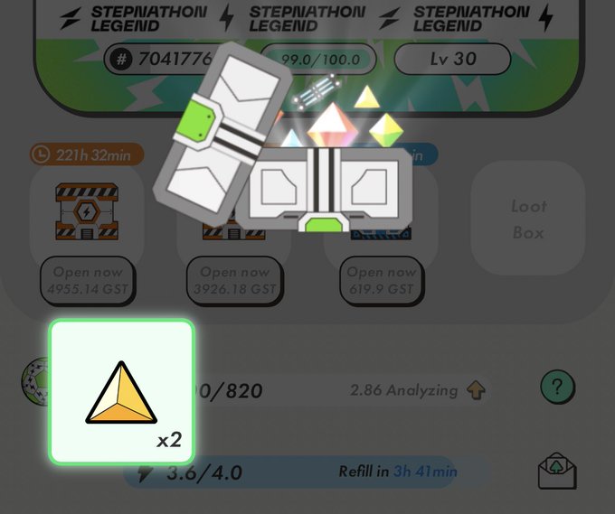 A screenshot from the mobile game STEPN showing a 'STEPNATHON LEGEND' level 30 character with a reward of two gemstones, alongside loot boxes priced in GST.