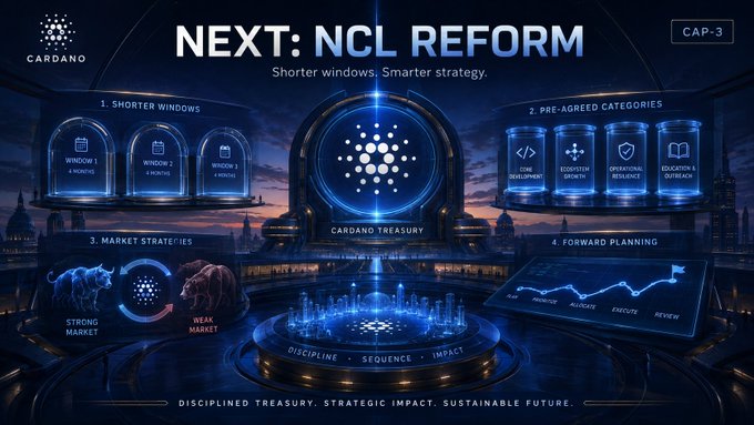 A promotional graphic for Cardano titled 'NEXT: NCL REFORM' with subtitle 'Shorter windows. Smarter strategy.' and 'CAP-3', showing categories like '1. SHORTER WINDOWS', '2. PRE-AGREED CATEGORIES', '3. MARKET STRATEGIES', and '4. FORWARD PLANNING' around a central 'CARDANO TREASURY'.