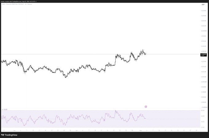 A TradingView chart of "$PUMP created with TradingView.com, Aug 02, 2024" shows the price action consolidating in a narrow range with an RSI indicator below, reflecting the "tight rope" caption as the ticker trades sideways near a key horizontal level around 0.0497.