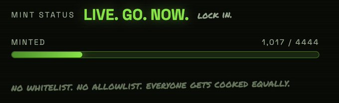 NFT mint status screen showing 'LIVE. GO. NOW. LOCK IN.' with 1,017 of 4,444 minted, and text reading 'NO WHITELIST. NO ALLOWLIST. EVERYONE GETS COOKED EQUALLY.'