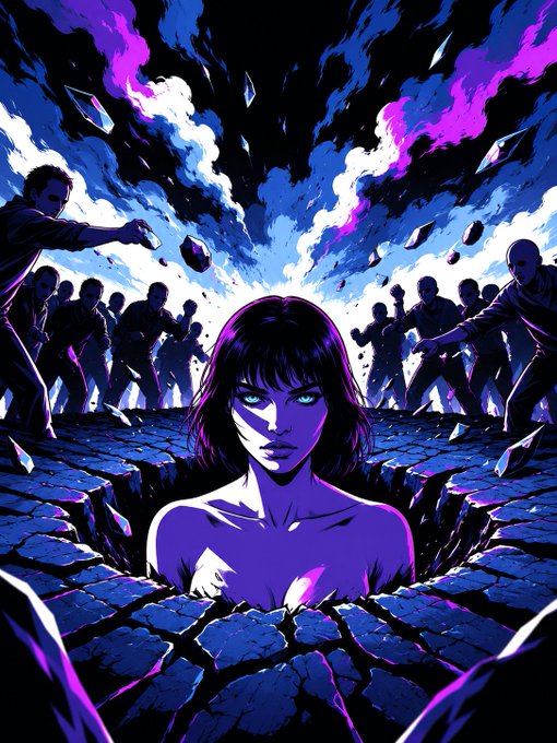 A stylized illustration depicts a woman with a purple bob haircut emerging from a cracked stone ground, surrounded by shadowy figures and dramatic purple and blue lighting.