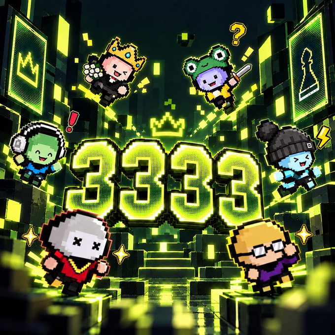 A vibrant pixel-art scene displays the glowing green number "3333" surrounded by six chibi-style characters including a king, a frog warrior, an astronaut, a knight, and others against a digital cityscape backdrop, visually representing the "3,333 Seats" mentioned in the Mind Games AI promotional post about their NFT collection.