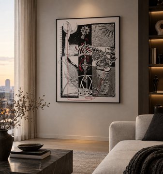A living room scene featuring a framed abstract black-and-white artwork on a beige wall, with a gray sofa and a view of a city skyline through a window.