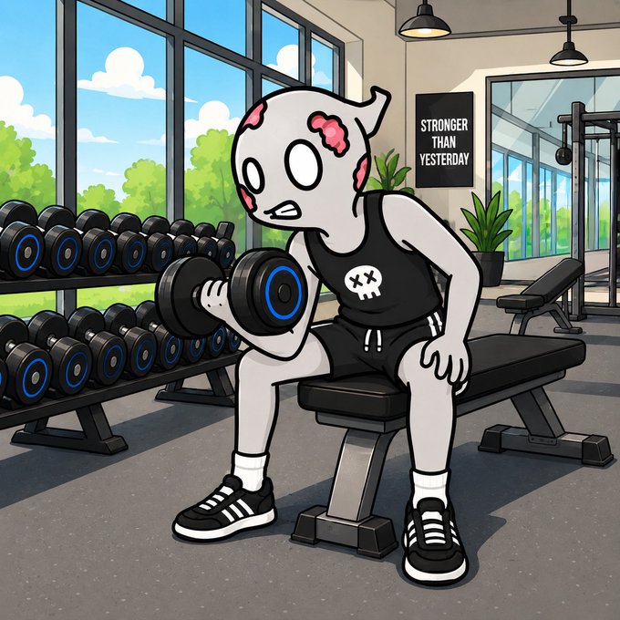 A cartoon character with an "XX" skull logo on their tank top performs dumbbell curls on a bench in a gym, with a motivational poster reading "STRONGER THAN YESTERDAY" on the wall behind them. The image ties into a "happy saturday, it's time to get more gains today" post by depicting a relatable, stylized weightlifting scene that encourages viewers to pursue fitness progress on the weekend.