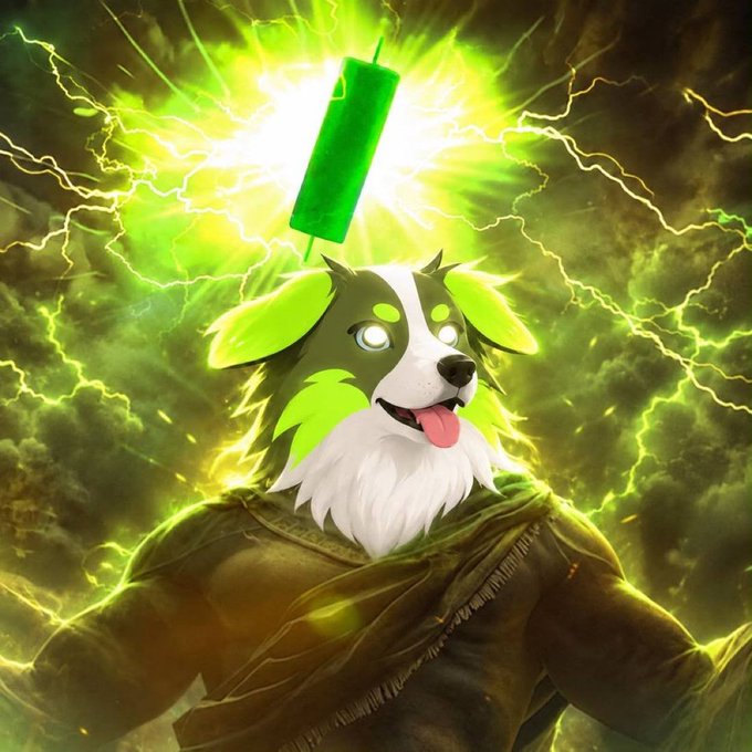 Meme-style AI artwork of a Border Collie dog with glowing green eyes and a green aura, depicted as a muscular warrior with lightning in the background and a green candlestick emerging from its head.