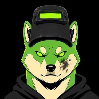 A digital illustration of a green cartoon wolf character wearing a black welding helmet and hoodie against a black background.