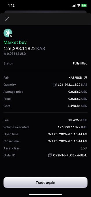 A mobile trading app shows a 'Market buy' order for 126,293.11822 KAS at $0.03562 USD, costing $4,498.84 USD, fully filled.