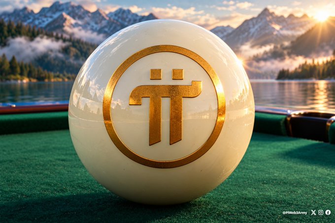 A glossy white sphere emblazoned with the golden Pi cryptocurrency logo rests on a green felt surface, with a paddle, misty mountains, and a tranquil lake at sunset in the background—symbolizing the expansive, real-world vision of Pi as more than just digital currency. The watermark "@PiWeb3Army" is visible in the bottom right corner.