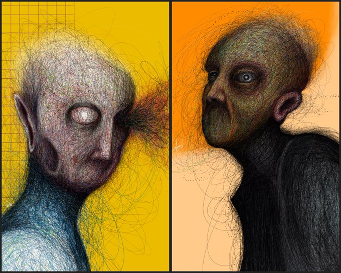 A side-by-side artistic illustration featuring two eerie, sketchy portraits of bald figures with intense eyes, rendered against bright yellow and orange backgrounds.