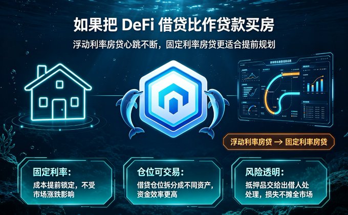 A Chinese infographic titled '如果把 DeFi 借贷比作贷款买房' (If we compare DeFi lending to a mortgage), explaining the benefits of fixed-rate over floating-rate loans with icons of a house, a crab holding a token, and trading charts.
